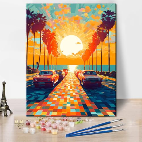 TISHIRON Kit de peinture par numéros de voiture pour adultes, paysage de coucher de soleil pour adultes, peinture par numéros sur toile pour cadeau, décoration d'intérieur, loisirs créatifs, 40,6 x
