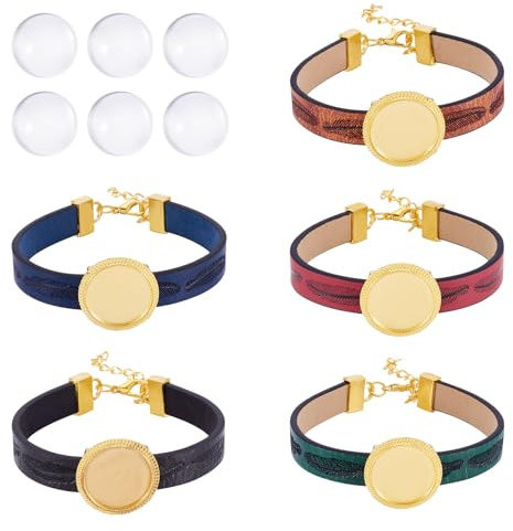 Craftdady 5 Stück PU-Lederschnur, Armbandherstellung, verstellbare Armbandrohlinge, Lünette, Tablett, 18 mm, Glas-Cabochons, DIY, für Damen und Herren, Armband-Schmuck-Sets für Ostern, goldfarben
