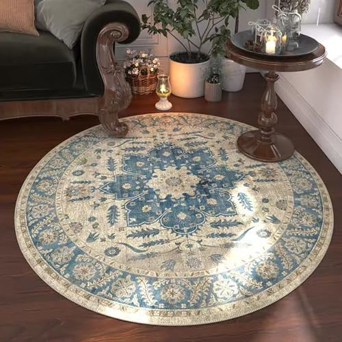 Tospass Vintage Boho Rund Teppich Waschbarer Wohnzimmer Orientalischer Stil Sofa Teppich Kurzflor Couchtischmatte, Bunter Muster Rutschfester Carpet für Schlafzimmer. 80 cm
