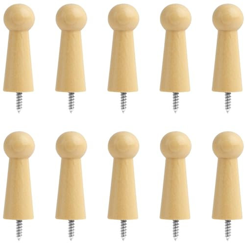 Cncedi Wooden Coat Hooks, 10 Pcs Unfinished Wood Shaker Racks, Screw-on Shaker Pegs, Single Decorative Solid Hook for Hanging Clothes Hats Towel Keys