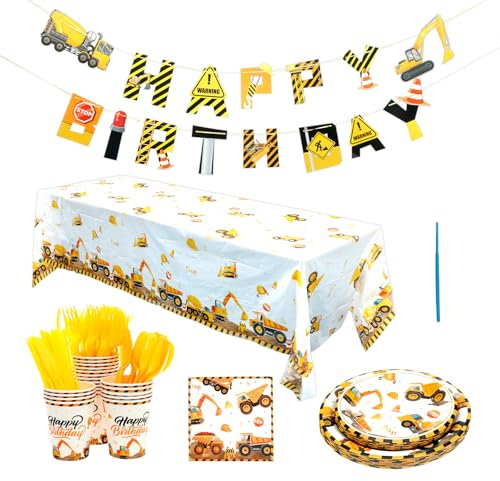 Construction Birthday Party Supplies, 102 Pcs Digger Tableware Set - Serves 20, Includes 9 inch plates, 7 inch plates, paper cups, napkins, knives, forks and spoons, pull-up flag, tablecloth
