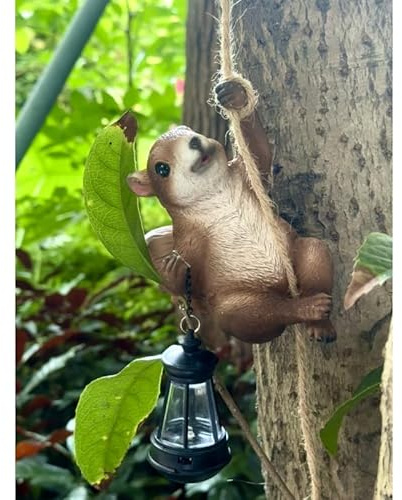 Solar Hanging Squirrel Garden Decor with LED Lantern, Cute Climbing Resin Animal Statue, Outdoor Figurine for Tree, Porch, Patio, Yard, Balcony, Gift for Garden Lovers