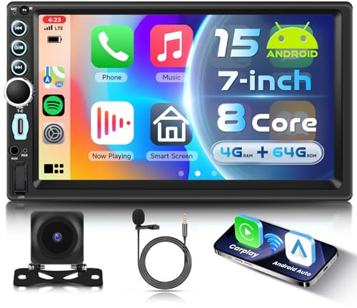 VECHTEL 8 Core 4G+64G Android 15 Autoradio 2 Din con Carplay Android Auto senza Fili, 7'' Schermo Tattile Stereo Auto Supporto Bluetooth 5.0 Radio FM RDS GPS Wi-Fi Mirror Link USB/Type-C Telecamera