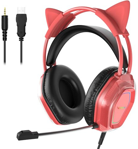 Wantek Cute Cat-Ear Gaming Headset - 50mm Drivers, Noise-Cancelling Mic, 3.5mm Wired, Stylish & Lightweight Design, Red