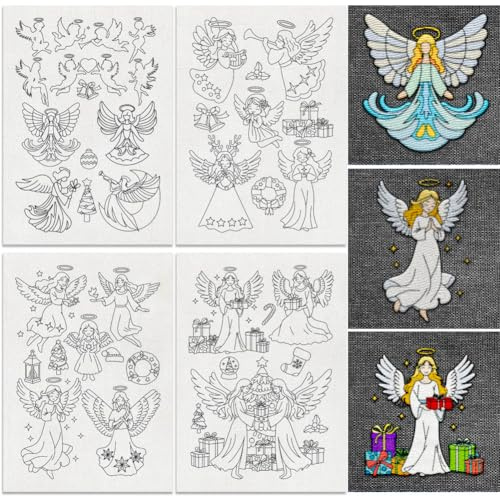 DOODLREAM 33 Stück Stickmuster Stabilisator mit Weihnachtsengel 21 x 29.7cm Christlicher Wasserlöslicher Stick und Stichstickaufkleber 4 Blatt Stickpapier Zum Handnähen und Selbermachen
