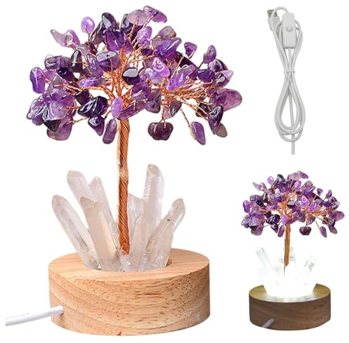 Syglawnd Albero di Chakra, Lampada di ricchezza Albero di naturale Luce notturna Feng Shui Bonsai Spina USB Luce notturna per soggiorno Viola