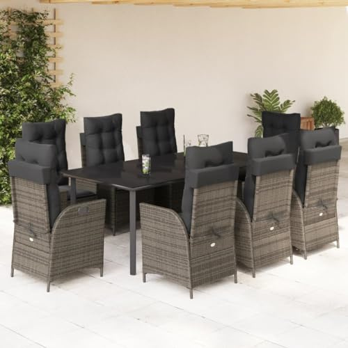 Runheo 9-TLG. Garten-Essgruppe mit Kissen Grau, Poly Rattan, verstellbare Relaxsessel, UV-beständig, für Terrasse, Balkon, Garten, 200x100x74 cm