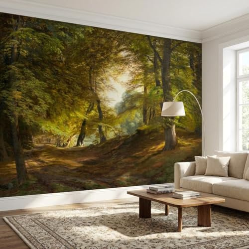 Sunny Graphics Print Forest Path Wallpaper Photo Mural Realistic Woodland Painting Wall Paper Green Trees Wall Art Nature-Inspired Room Decoration Wall Covering