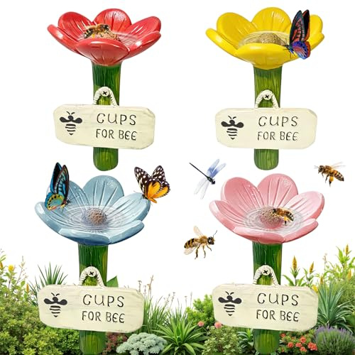 4 Stück Bienentränken Keramik Blumen, Sichere Garten-Insektentränke für Bienen, Schmetterlinge & Bestäuber, Bunte Bienentränken für den Garten, Trinkstelle, Bee Cups für Garten & Balkon
