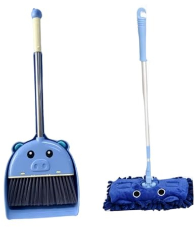Milageto Kids Mini Broom Dustpan Mop Set Toddler Cleaning Toy Educational Piggy Shape Girls Cleaning Tools Pretend Play Toys, Blue