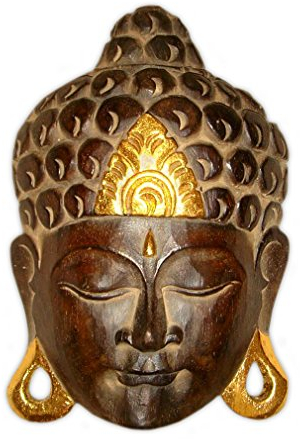 Masque décoration murale image Bouddha 25 cm, en bois marron doré, Artisanat Bali Lombok tête bouddha, handcrafted, unique