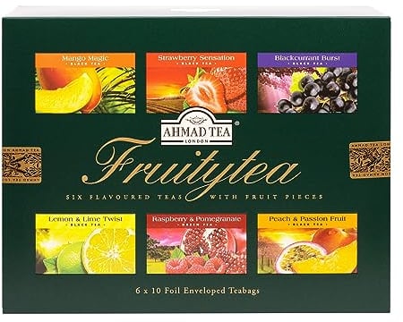 Ahmad Tea - Fruitytea – Schwarz- und Grüntee Sortiment - 6 Sorten – Mango, Erdbeere, Johannisbeere, Zitrone & Limette, Himbeer & Granatapfel, Pfirsich & Passionsfrucht – Aromaversiegelt - 60 Teebeutel