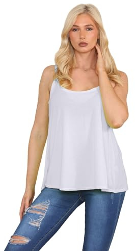 janisramone® Strappy Camisole Tops for Women, Flared Swing Scoop Neck Womens Tank Tops, Plain Sleeveless Stretchy Summer Vests, Ideal Casual and Party Wear White