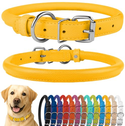 CollarDirect Rolled Leather Dog Collar, Soft Padded Round Puppy Collar, Handmade Genuine Leather Collar Dog Small Large Cat Collars Black Pink Red Purple Blue (Fits 20-23 Neck, Yellow)