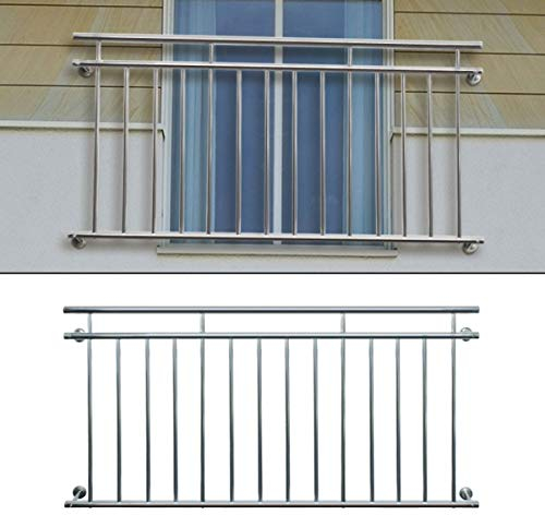 ECD Germany Französischer Balkon 90 x 128 cm mit 9 Füllstäben, Silber glänzend, aus Edelstahl, Balkongeländer Stabgeländer Balkonbrüstung Balkongitter Fenstergeländer Außen Fenstergitter Fensterschutz