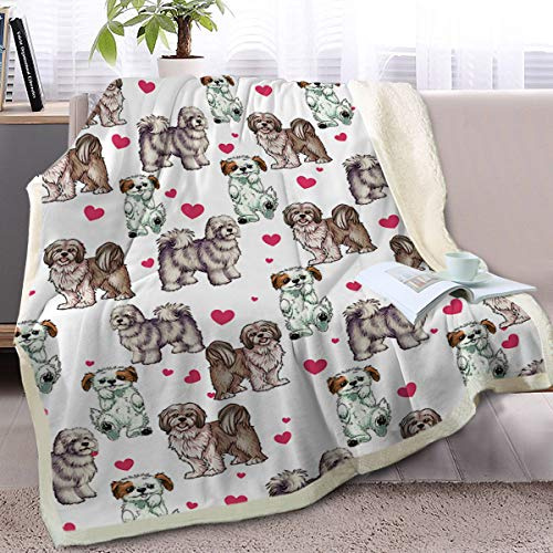 BlessLiving Red Hearts Dog Cat Throw Blanket Twin 150x200 cm | Plush; For pet lovers, adults and kids; Pattern details: Puppy 3d Animal Pet Lhasa Apso