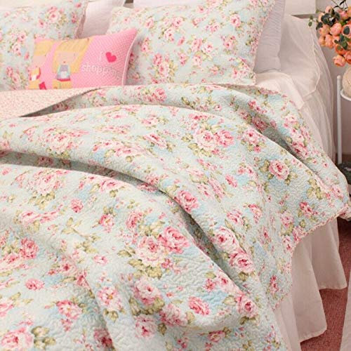 Tagesdecke, Shabby-Chic, Landhausstil, Blumenmuster, 100 % Baumwolle, Hellblau, Queen-Size-Größe, 3 Stück