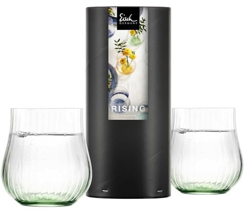 EISCH Rising Allround Becher, 400 ml, Wassergläser mit optischem & haptischem Relief, Handbemalter Boden, Kristallglas, 2 Stück in Geschenkröhre, Grün