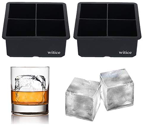 witice Large Ice Cube Trays Silicone (2.5-Inches) - Whiskey Ice Cube Mold, With Easy Release Ice Cubes for Whiskey and For Cocktail,Food Grade (Black 2 Tray)