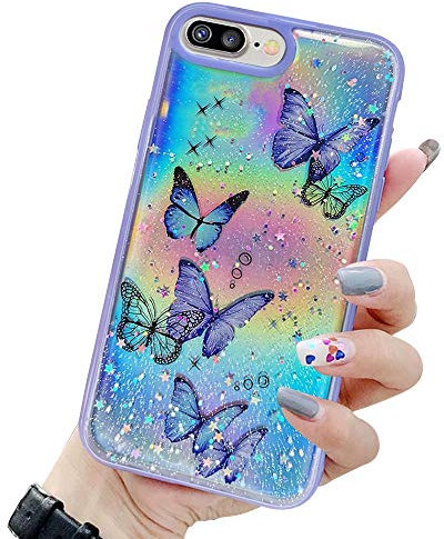 LCHULLE for iPhone 7 Plus iPhone 8 Plus Case,Cute Girls Women Iridescent Butterfly Design Laser Bling Glitter Stars Soft TPU Bumper Protective Cover for iPhone 7 Plus/8 Plus-Purple