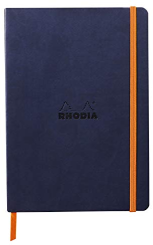Rhodia 117444C - Notizheft Softcover Rhodiarama DIN A5 (14,8x21 cm), 80 Blatt, liniert Clairefontaine Papier Elfenbein 90g Lesezeichen, Gummizugverschluss, Cover aus Kunstleder Nachtsblau, 1 Stück