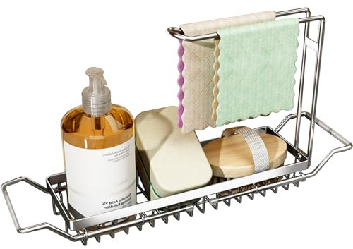 TZAMLI Teleskop Spülbecken Organizer mit Lappenhalter, Edelstahl Schwammhalter Schmal Spülbeckenregal Caddy Ordnungshelfer für die Küche Spüle (Silber, S)