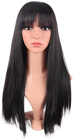 MapofBeauty 24 Zoll/60 cm Frauen lange gerade flache Pony Kunsthaar hitzebeständiges Faserhaar für Party Cosplay Perücke (Braun Schwarz)