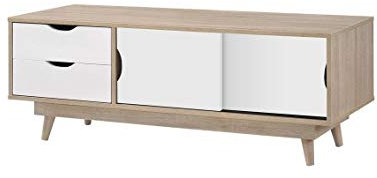 Timber Art Design UK Alford TV Media Cabinet Unit with Sliding Doors and 2 Drawers Media Devices Storage Modern Furniture for Livingroom in Sonoma Oak Wood Effect & White, W120cm x H45cm x D45cm