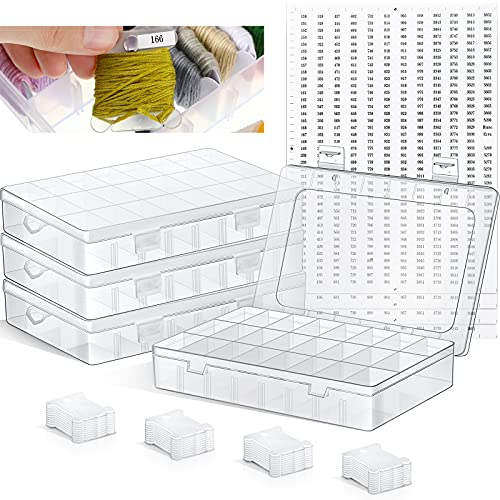 Stickgarn Organizer Box Set, Enthält 24 Fächer Stickgarn Kreuzstich Organizer Box 50 Stücke Kunststoff Stickgarn Spulen 1790 Garn Nummern Aufkleber für Faden Nähen Aufbewahrung, 4 Sets