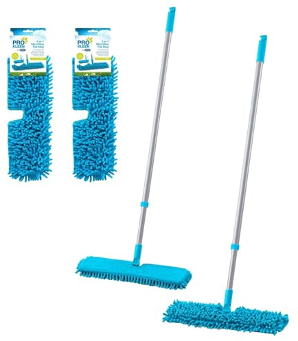 HOMESHOPA Double Sided Microfibre Flat Mop with 2 Replacement Pads, 360°Rotatable Extendable Handle with Chenille/Microfibre Head, Wet Dry Floor Dust Mops for Cleaning Laminate Tile Hardwood Floors