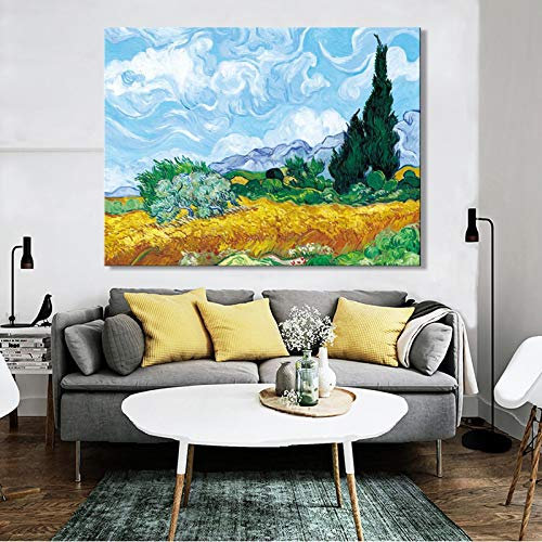 Niederländischer Maler Vincent van Gogh – Weizenfeld mit Zypressen Posterdruck auf Leinwand, Wandkunst, Gemälde, Wohnzimmer, Heimdekoration, 70 x 90 cm, rahmenlos
