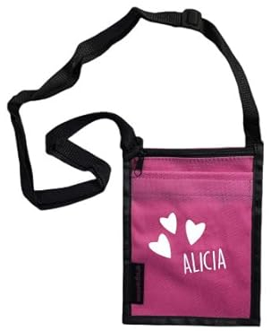 Brustbeutel mit Namen & Herzen Bedruckt | personalisierbare Brusttasche 17x13 cm | zum Umhängen mit Klarsichtfenster für Schülerausweis Buskarte (pink)