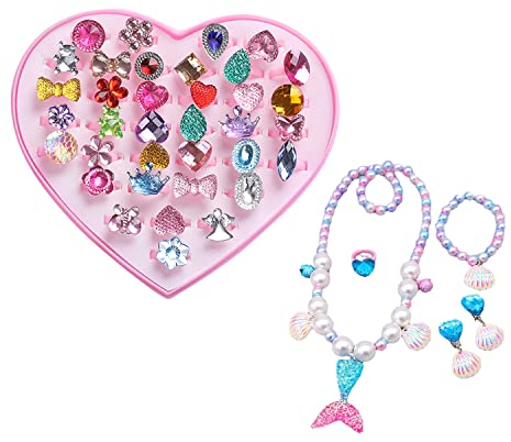 SIKAMARU 36-teiliges Ring-Set und 5-teiliges Meerjungfrauen-Set, verstellbare Schmuckringe und Spielringe, Meerjungfrauen-Schmuckset für Kinder und kleine Mädchen