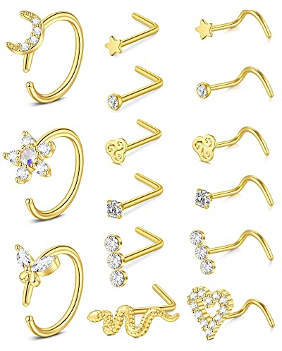Mayhoop 18G Nasenpiercing Nasenringe Creolen Nasenstecker für Nasenpiercing Chirurgenstahl Gold Nostril Piercing Schmuck für Damen Herren 15St