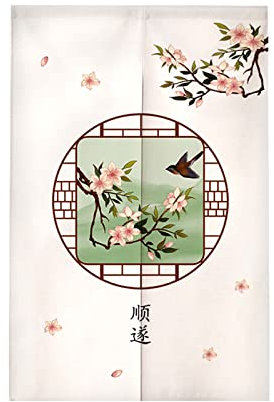 Surwin Style Chinoise Rideau de Porte Japonais Long Tapisserie Noren en Lin Fenêtre Rideaux Panneau Tenture Tapisserie Décoration pour Cuisine Chambre Décoration de Maison (85x180cm,Fleur pêche)