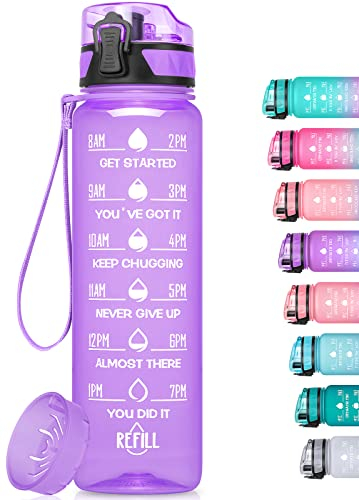 Trinkflasche 1L Sportflasche Auslaufsicher, MEITAGIE BPA-frei Tritan Wasserflasche mit Fruchtfilter & Motivationszeitmarkierung, kohlensäure geeignet, Trinkflasche für Kinder, Fahrrad, Schule, Fitness