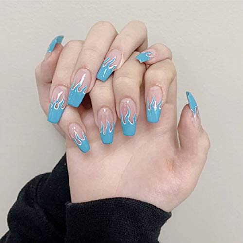 Allereya Lange Sarg Druck Auf Nägel Flamme Gradient Gefälschte Nägel Lila Ombre Clip Auf Nägel Voll Abdecken Acryl Nägel Tipps Falsche Nägel Kunst Für Frauen Und Mädchen 24 Stück (blau)