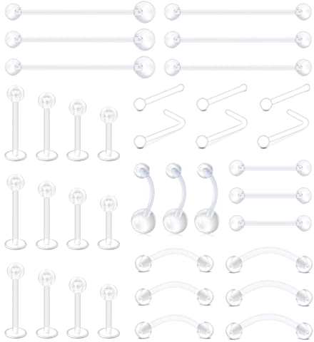 MODRSA Piercing Corps Transparent Kit Plastique Piercing Nez Anneau Piercing Nombril Lèvres Labret Sourcil Téton Langue Femme Tragus 36 Pièces
