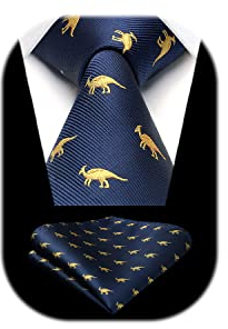 HISDERN Herren Krawatte Marineblau Dinosaurier Muster Hochzeit Krawatte für Herren Klassische Business-Krawatte und Einstecktuch Set