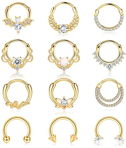 Adramata 12 Stück 16G Septum Nasenringe Hoop Chirurgenstahl Set - CZ Opal Knorpel Daith Ring Helix Ohrring Nasenschmuck