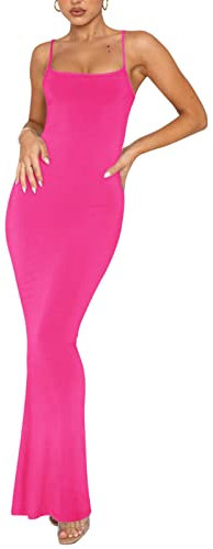 REORIA Abito Lungo Sexy da Donna Elegante per invitati al Matrimonio Senza Maniche Aderente a Costine Senza Schienale Rosa Rosso S