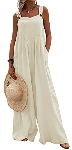 Runstarshow Womens Overalls Casual Loose Dungarees Ladies Jumpsuits UK Romer Oversized Women Wide Leg Playsuit with Pockets Solid Color Plus Size 8-26 Summer Trousers Pants Off-White