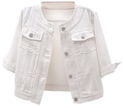 Wvapzxx White Slim Short Denim Jacket Coat Women Cowboy Outerwear O Neck Half Sleeve Thin Jeans Jacket