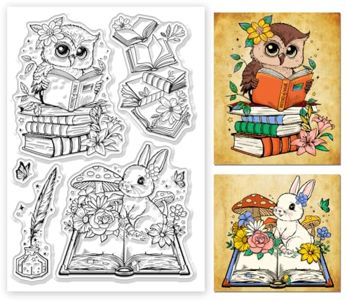 ORIGACH Eule und Hase Klare Stempel für Kartenherstellung Eule Hase und Bücher Transparente Silikonstempel für DIY Scrapbooking Journaling Fotoalbum Bastelzubehör