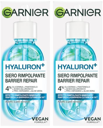 Garnier Hyaluron+ Aufpolsterndes Feuchtigkeits-Gesichtsserum | 4% mit Hyaluronsäure Glycerin Panthenol Pro-Ceramide Aloe Vera für alle Hauttypen Vegane Formel - 2 Flaschen à 30ml