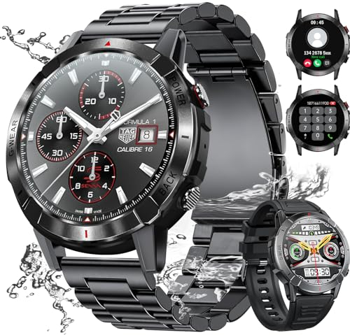 Tisoutec Smartwatch Herren mit Telefonfunktion|1.43 AMOLED-Anzeige|2*Uhrenarmbänder|IP68 Wasserdicht,Fitness Tracker mit 24/7 Pulsmesser,Schlaf- und SpO2-Überwachung, 112 Sportmodi für iOS/Android