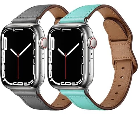 Slim Leather Strap for Apple Watch Strap 41mm 40mm 38mm, Adjustable Leather Replacement Watch Band for iWatch Series Ultra/Ultra 2 SE 2 SE 9 8 7 6 5 4 3 2 1 for Men Women, Mint Green/Dark Gray