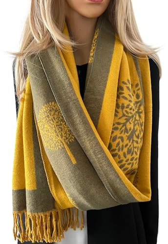 Cashmere Tree Life Blanket Scarf - Reversible Scarf Women Pashmina Shawl, Winter Scarfs Women, Large Wrap, Warm Scarf, Tree of Life Print Ladies Scarves Long Wraps, Womens Gifts (3: Yellow)