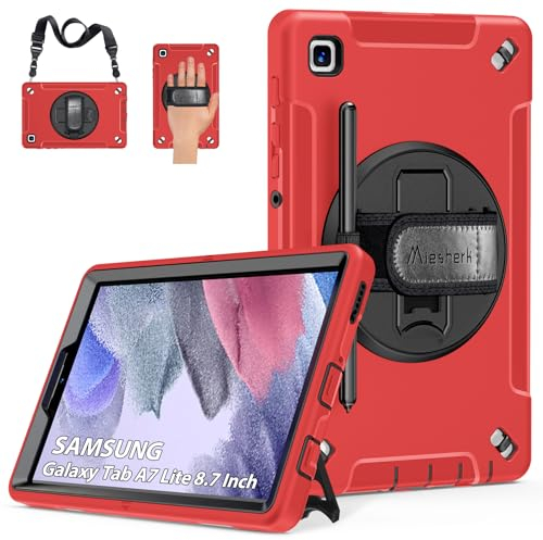 Hülle für Samsung Galaxy Tab A7 Lite: Miesherk Stoßfeste Schutzhülle Case for Galaxy Tab A7 Lite 8,7 Zoll 2021 SM-T220/T225/T227-Stifthalter-Drehbar Ständer-Handschlaufe-Schultergurt-Rot