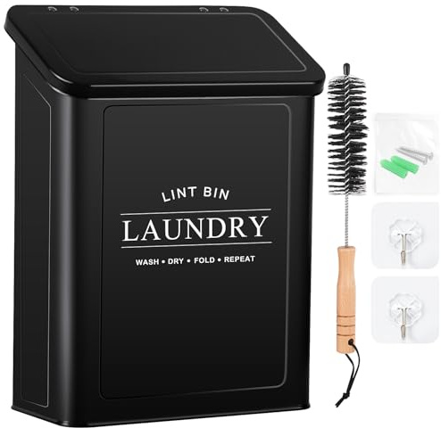 Candco Magnetic Lint Bin for Laundry Room, Metal Lint Trash Can with Lid and Brush, Wall Mounted Lint Box for Dryer, Farmhouse Laundry Room Decor, Black